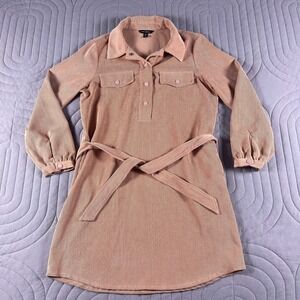 Tribal Corduroy Shirt Dress Womens M Pink Snap Button Up Collared Belted